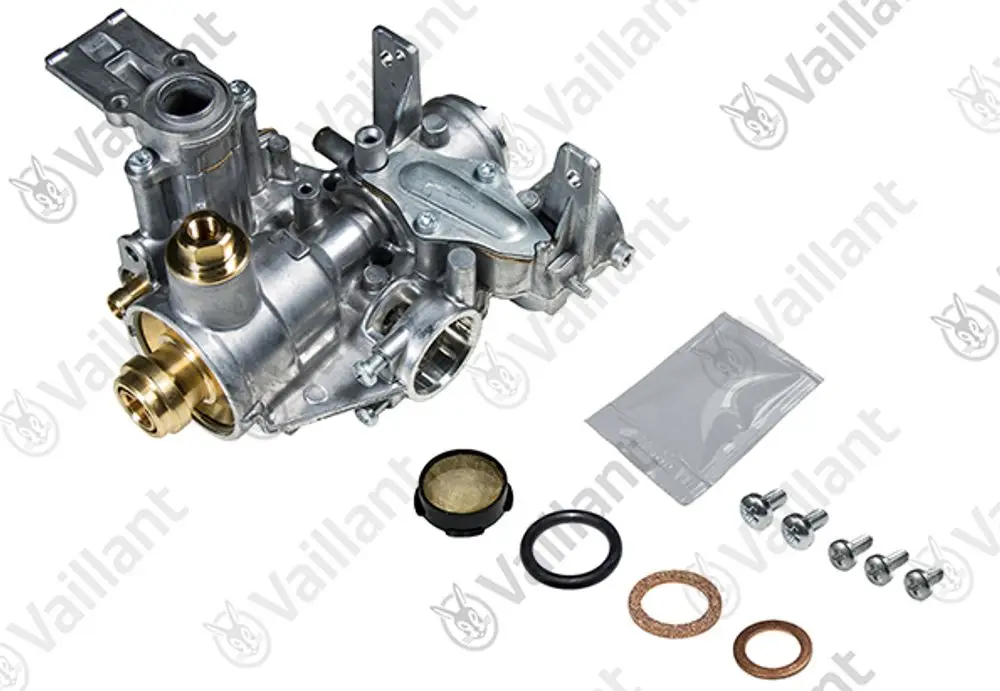 Vaillant Gasarmatur mit mehreren Anschlussstellen, einem integrierten Filter, Dichtungen und Schrauben, in einer kompakten Bauform.